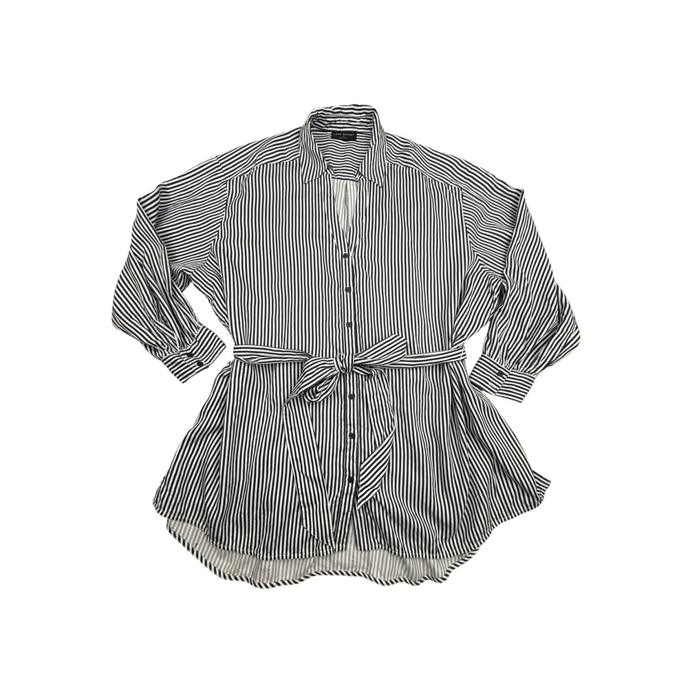Lane Bryant Tunic Shirt Women 28 Black Striped Long Sleeve Belted Button Up